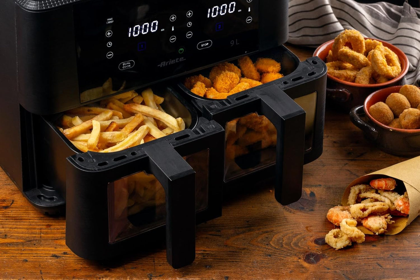 Ariete 4631 Double Air Fryer 9L (2400W) with Dual Basket, 11 Cooking Programs, BPA-Free, Oil-Free Healthy Frying, Touchscreen Panel – Black | Suraj Electronics