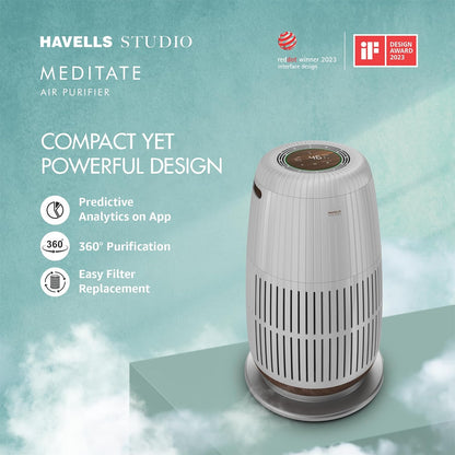 Havells Studio Meditate AP 250 Air purifier  | Remote Control with TiO2 module & Integrated H14 HEPA filter (Silver Satin)