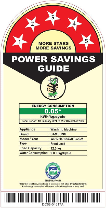 Samsung WD12FB7B34GBTL 12kg/7kg 5 Star AI EcoBubble Wi-Fi Inverter Fully Automatic Front Load Washer Dryer – Black | AI Control, Hygiene Steam, Air Wash