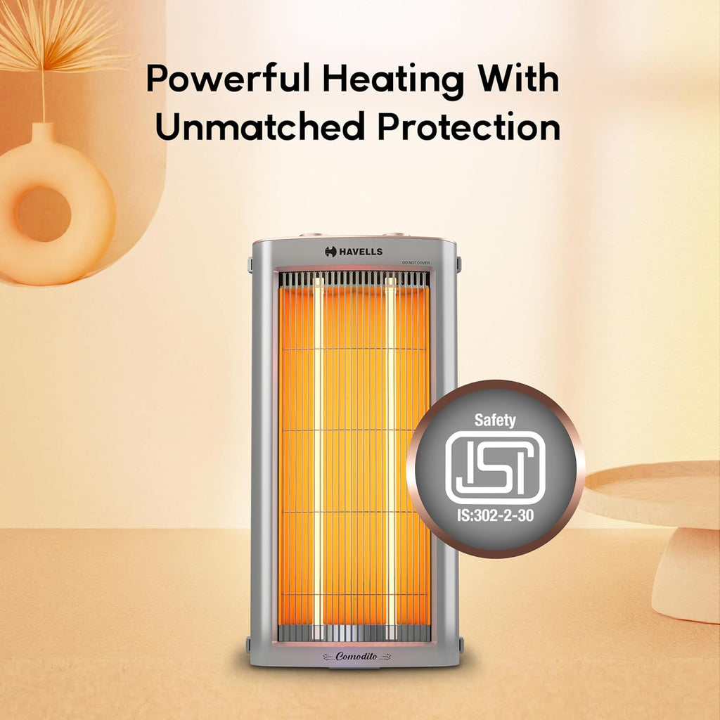 Havells Comodito 900 Watt Room Heater | Safety Grill, 120 Minute Sleep Timer Control knob | Rust Free Stainless Steal Reflector, Carbon Fiber Rods, Power Off & Heat Setting | (Pack of 1, Grey) GHRGHCHE090