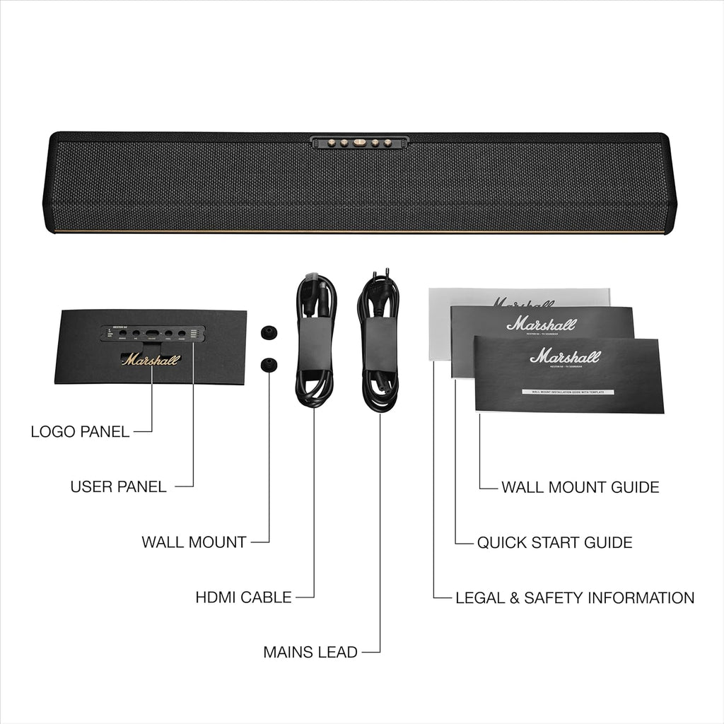 Marshall Heston 60 soundbar with Dolby Atmos & DTS:X, Wired & Wireless Subwoofer Connectivity – Dual HDMI, RCA, Bluetooth, WiFi, Google Cast, Spotify, Airplay2