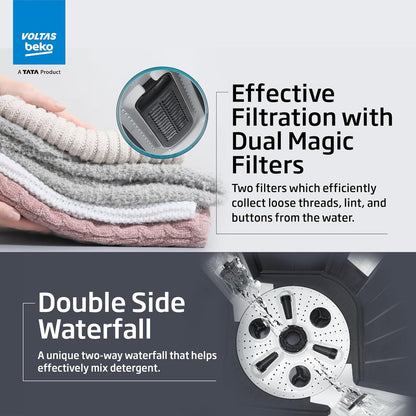 Voltas Beko WTT90UDX/BKGR4KGTD 9 Kg 5 Star Semi-Automatic Top Load Washing Machine | Twin Tub | Special Pulsator | Double Waterfall | Black