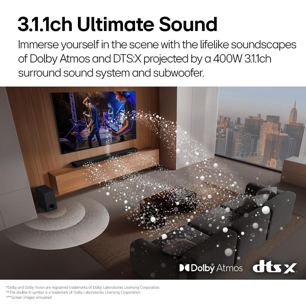 LG SQ70TY 400W 3.1.1Ch Soundbar with Dolby Atmos, DTS:X, AI Sound Pro & Wireless Subwoofer (Black)