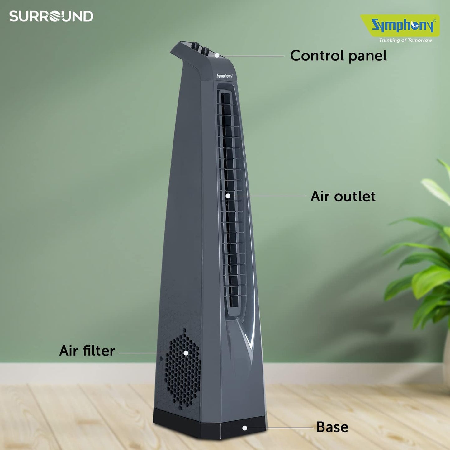 Symphony Surround Bladeless Tower Fan for Room & Office | High-Speed with Swivel Action & Simple Knob Control | Low Power Consumption | 1 Year Warranty | Grey