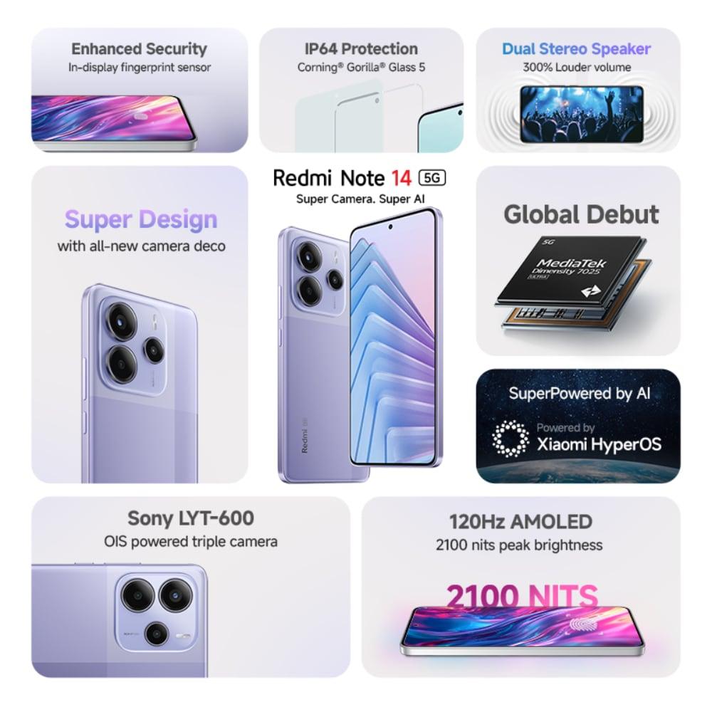 Redmi Note 14 5G 128 GB, 6 GB RAM, Purple, Mobile Phone