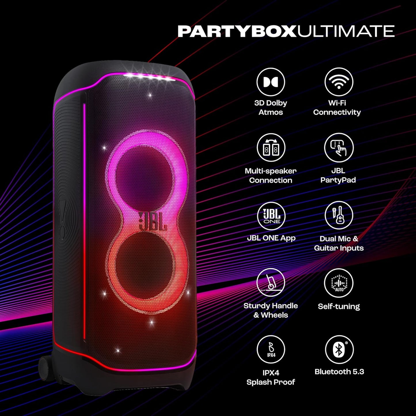 JBL PartyBox Ultimate 1100W Party Speaker with Dolby Atmos, Wi-Fi, Bluetooth & Dynamic Light Show – IPX4 Splashproof | Buy Online at Suraj Electronics