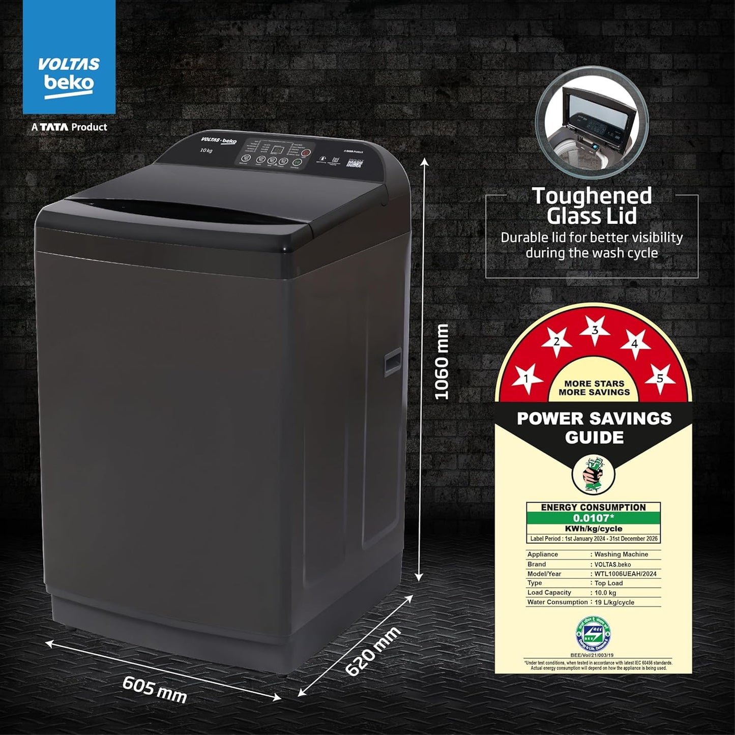 Voltas Beko WTL1006UEAH/OBS3060 10 Kg 5 Star Fully Automatic Top Load Washing Machine with Inbuilt Heater – Dark Grey