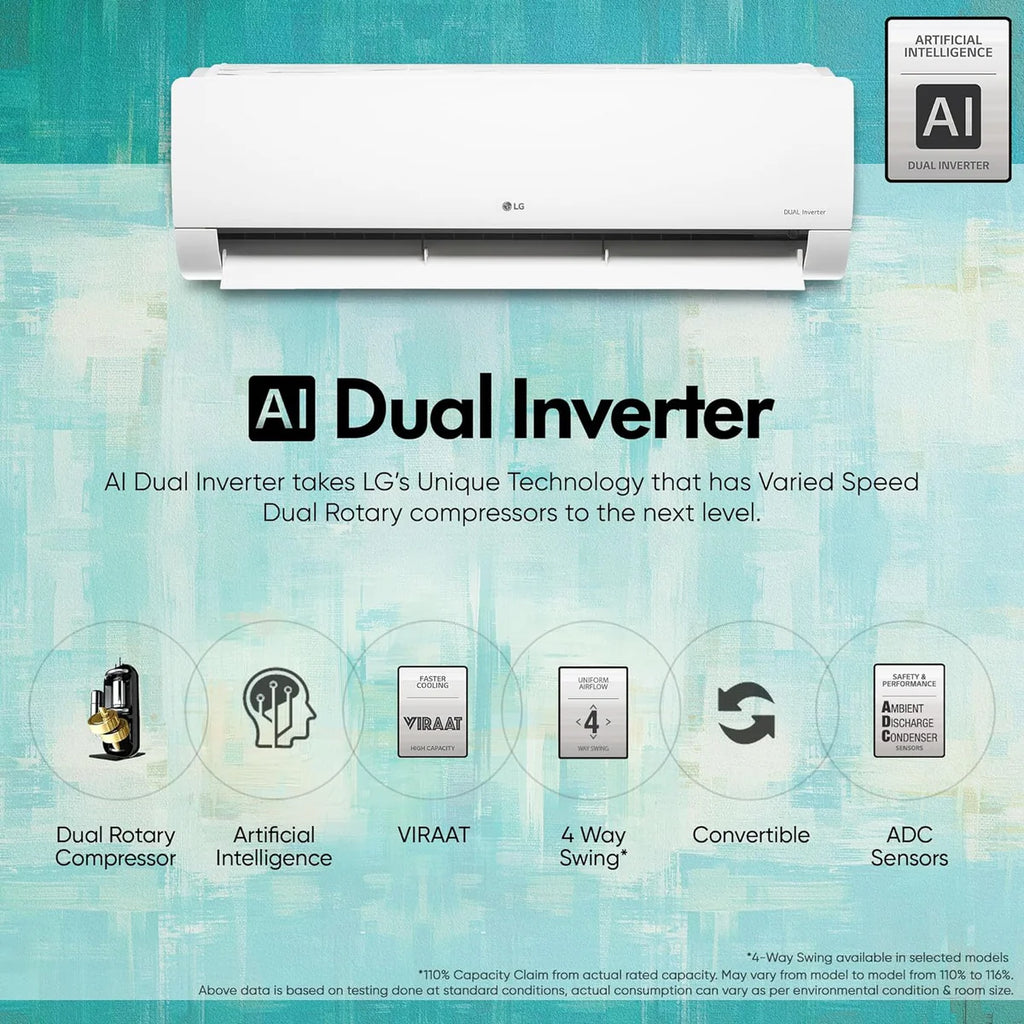 LG US-Q24SNXE 2.0 Ton 3 Star DUAL Inverter Split AC (Copper, AI Convertible 6-in-1 Cooling, 4 Way Swing, HD Filter with Anti-Virus Protection,   White)