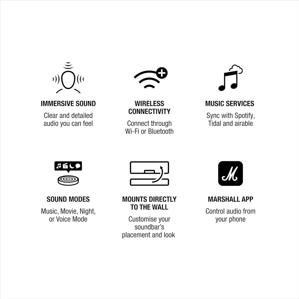 Marshall Heston 60 soundbar with Dolby Atmos & DTS:X, Wired & Wireless Subwoofer Connectivity – Dual HDMI, RCA, Bluetooth, WiFi, Google Cast, Spotify, Airplay2