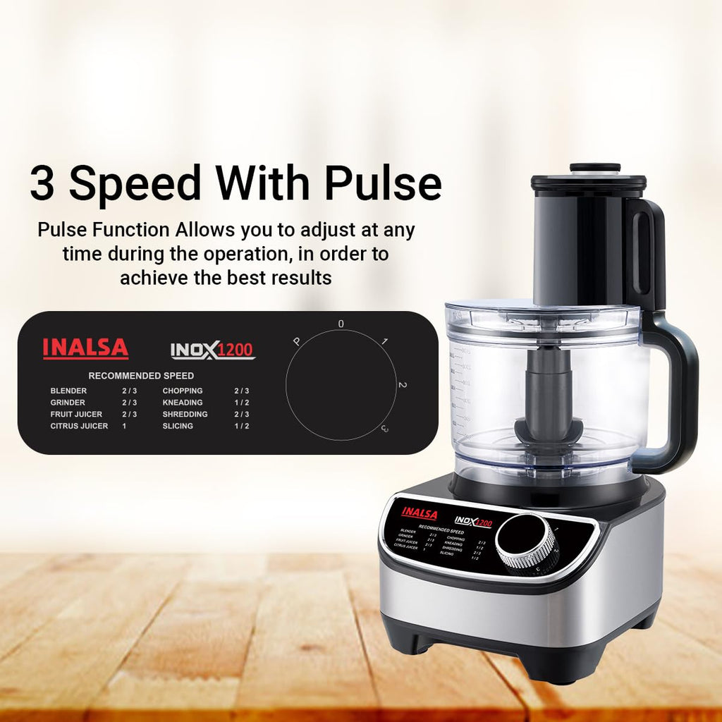 Inalsa INOX 1200W Food Processor with Mixer Grinder & Juicer | 2.5L Bowl, 3 Jars, 12 Attachments, Copper Motor – Black/Silver