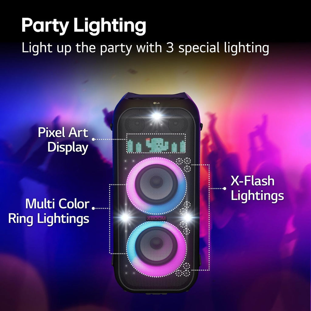 LG XL9T XBOOM 2.0 Ch Portable Bluetooth Party Speaker with Dual 8” Woofers, Pixel LED Lights, DJ & Guitar Input, IPX4 Water Resistance – Black