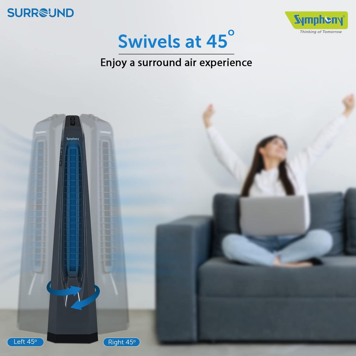 Symphony Surround Bladeless Tower Fan for Room & Office | High-Speed with Swivel Action & Simple Knob Control | Low Power Consumption | 1 Year Warranty | Grey