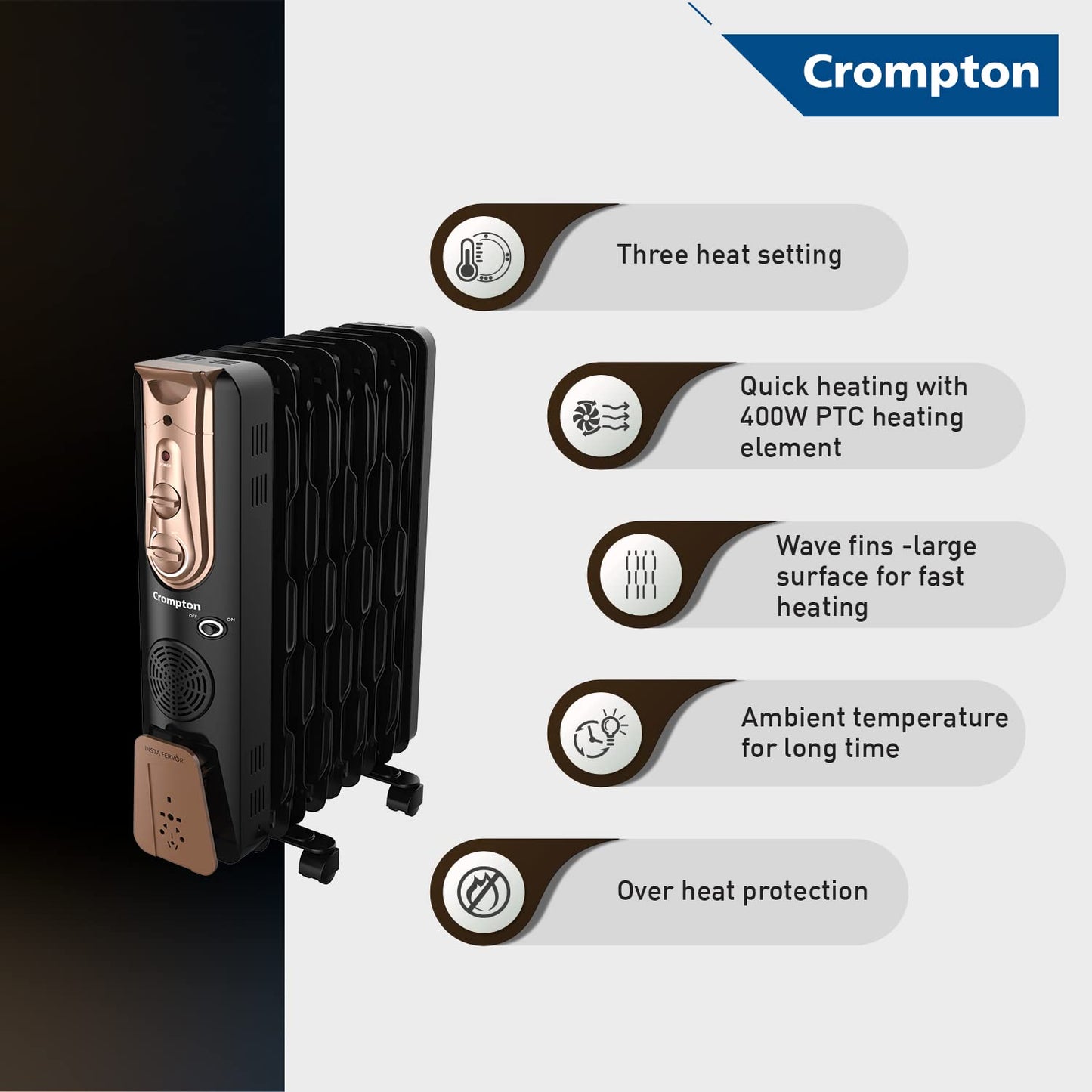 Crompton Insta Fervor 9 Fin 2400W Oil Filled Room Heater with PTC Fan | 3 Heat Settings | Overheat &amp; Tip-Over Protection | Suraj Electronics Delhi NCR