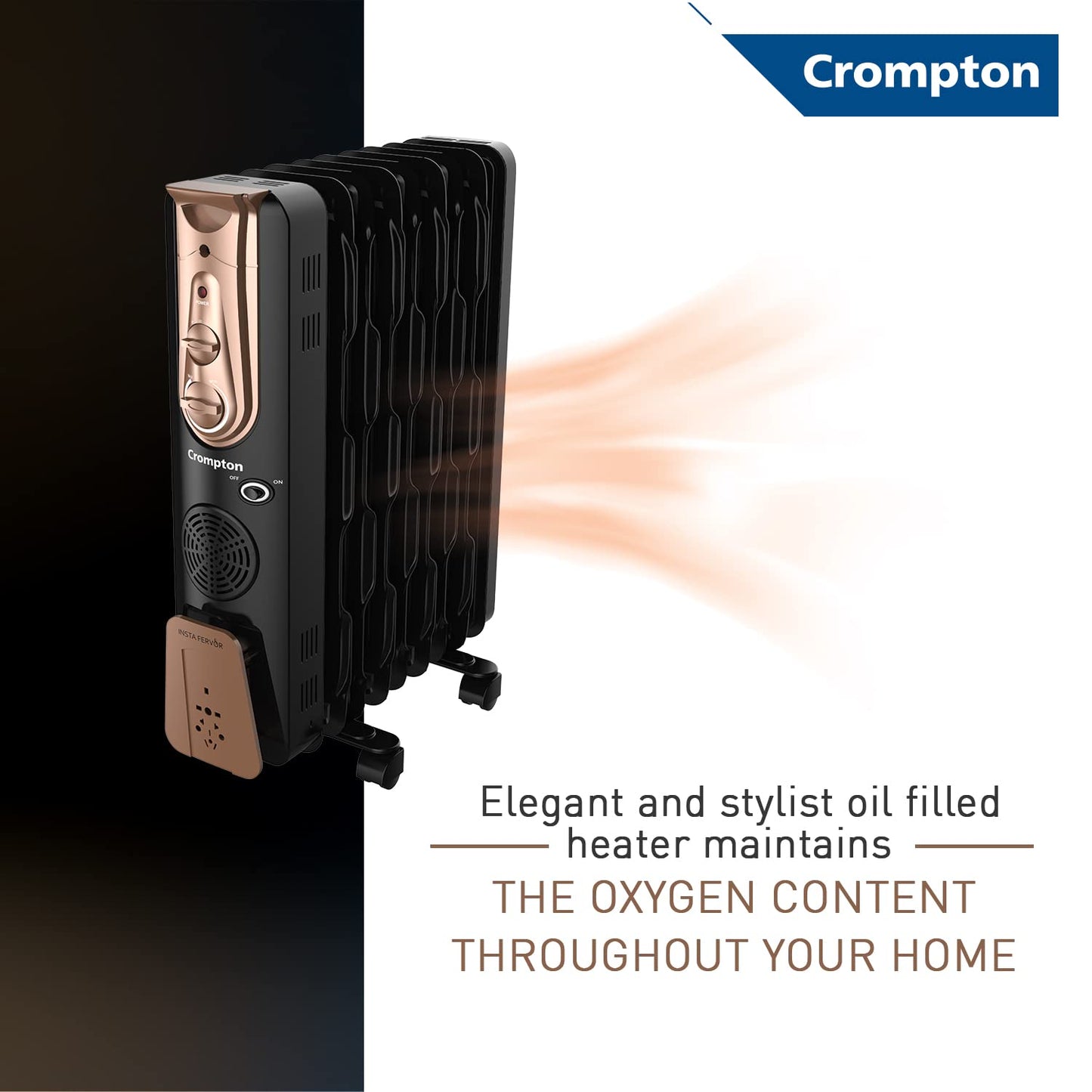 Crompton Insta Fervor 9 Fin 2400W Oil Filled Room Heater with PTC Fan | 3 Heat Settings | Overheat &amp; Tip-Over Protection | Suraj Electronics Delhi NCR