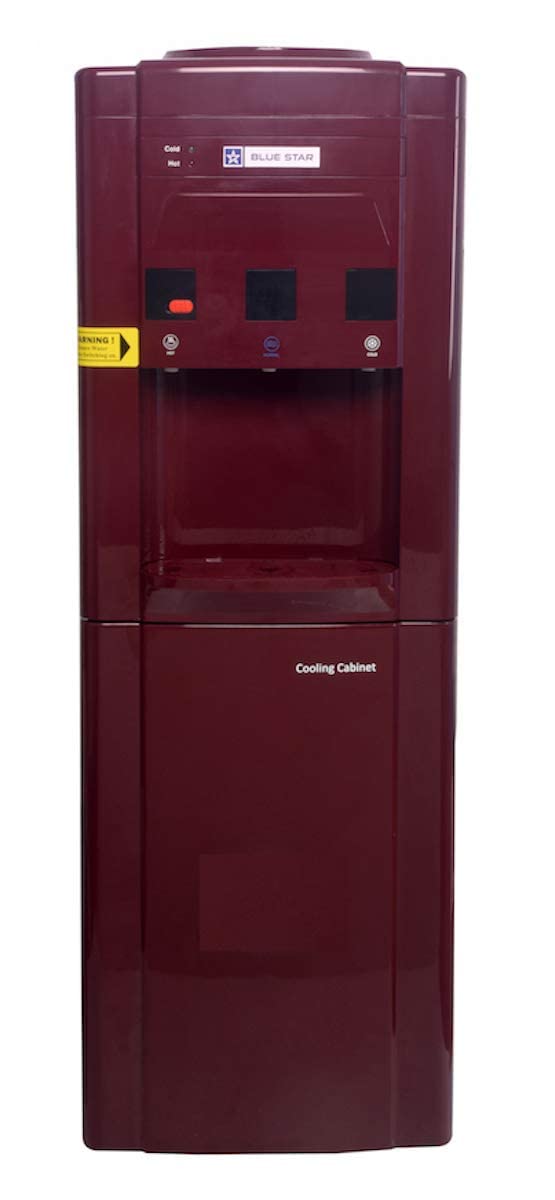 Blue Star BWD3FMRGA-M Water Dispenser with Refrigerator | 3-Tap Hot, Cold & Normal Water | 15L Cooling Cabinet | Maroon | Made in India