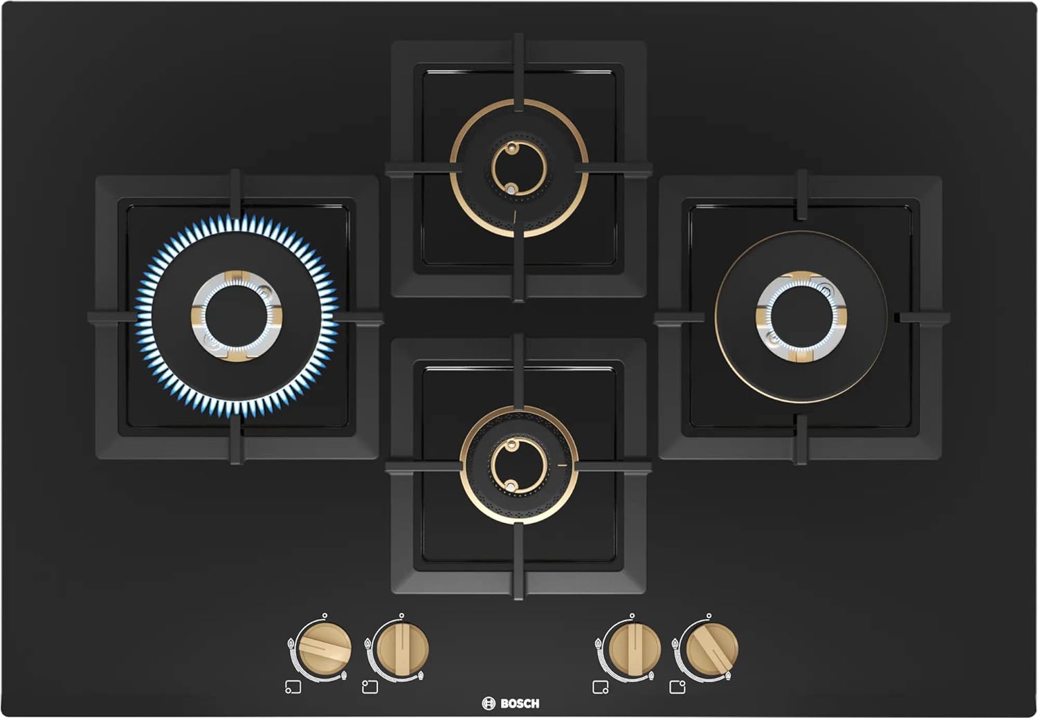 Bosch PNI7B6F20I 4 Burner Built-in Glass Gas Hob – Auto Ignition, Flame Failure Safety, Bevelled Glass, Made in Spain (Black)