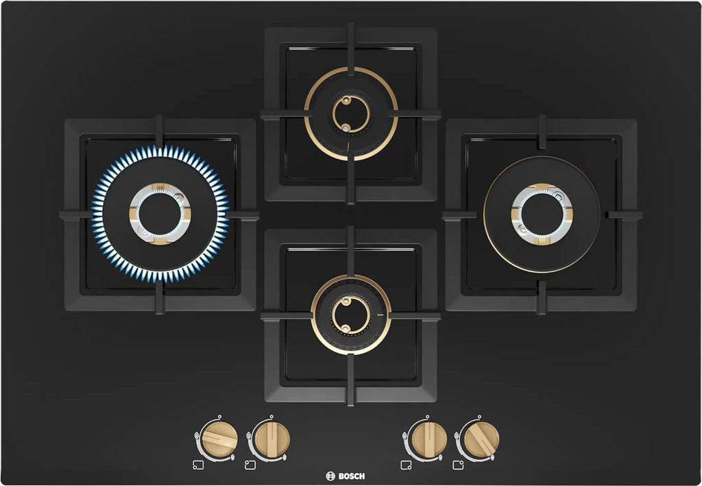 Bosch PNI7B6F20I 4 Burner Built-in Glass Gas Hob – Auto Ignition, Flame Failure Safety, Bevelled Glass, Made in Spain (Black)
