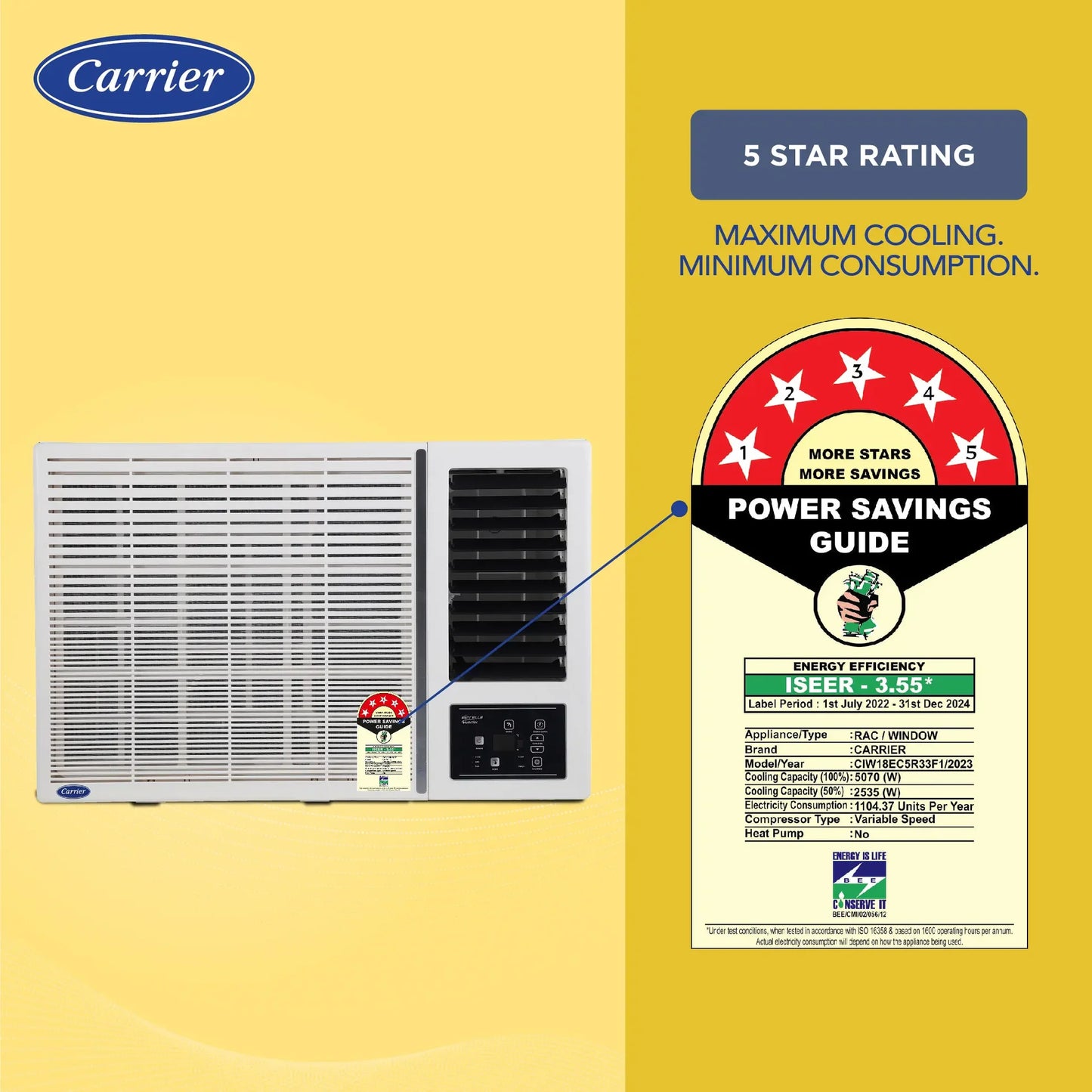 Carrier CIW18EC5R33F1 1.5Ton 5 Star Window Inverter AC( Copper, Dust Filter & Turbo Mode, 2024 Model, Estrella Exi,,White)