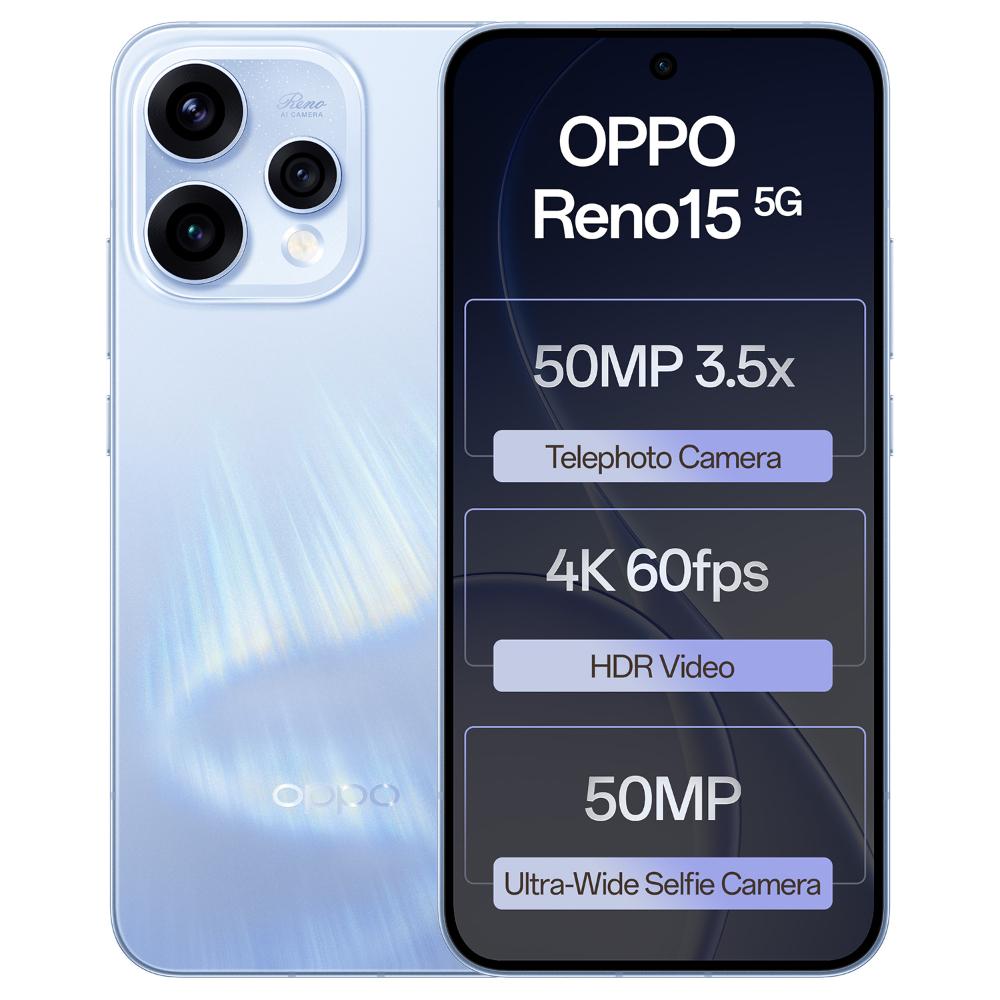 Oppo Reno15 5G 256 GB, 12 GB RAM, Aurora Blue, Mobile Phone