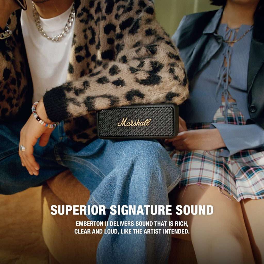 Marshall Emberton II 20W Portable Bluetooth Speaker (Black & Brass) | 30+ Hours Playtime | IP67 Waterproof | Stack Mode | Multi-Directional Control