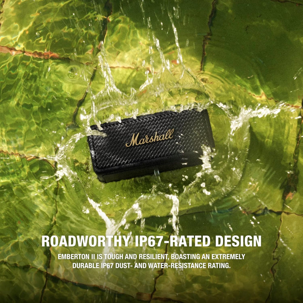Marshall Emberton II 20W Portable Bluetooth Speaker (Black & Brass) | 30+ Hours Playtime | IP67 Waterproof | Stack Mode | Multi-Directional Control