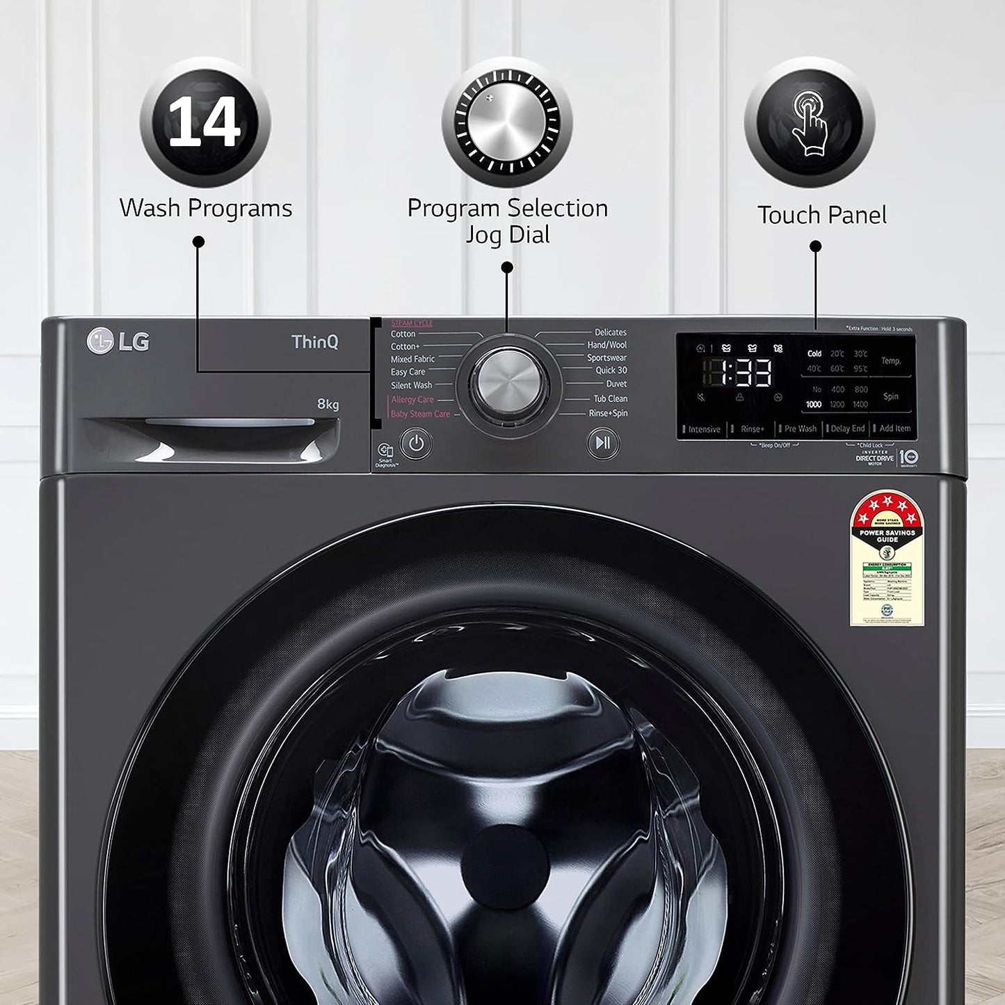 LG 8 Kg Front Load Washing Machine FHP1208Z5M | AI DD Technology | Steam for Hygiene | Inverter Motor | Wi-Fi Enabled | Middle Black