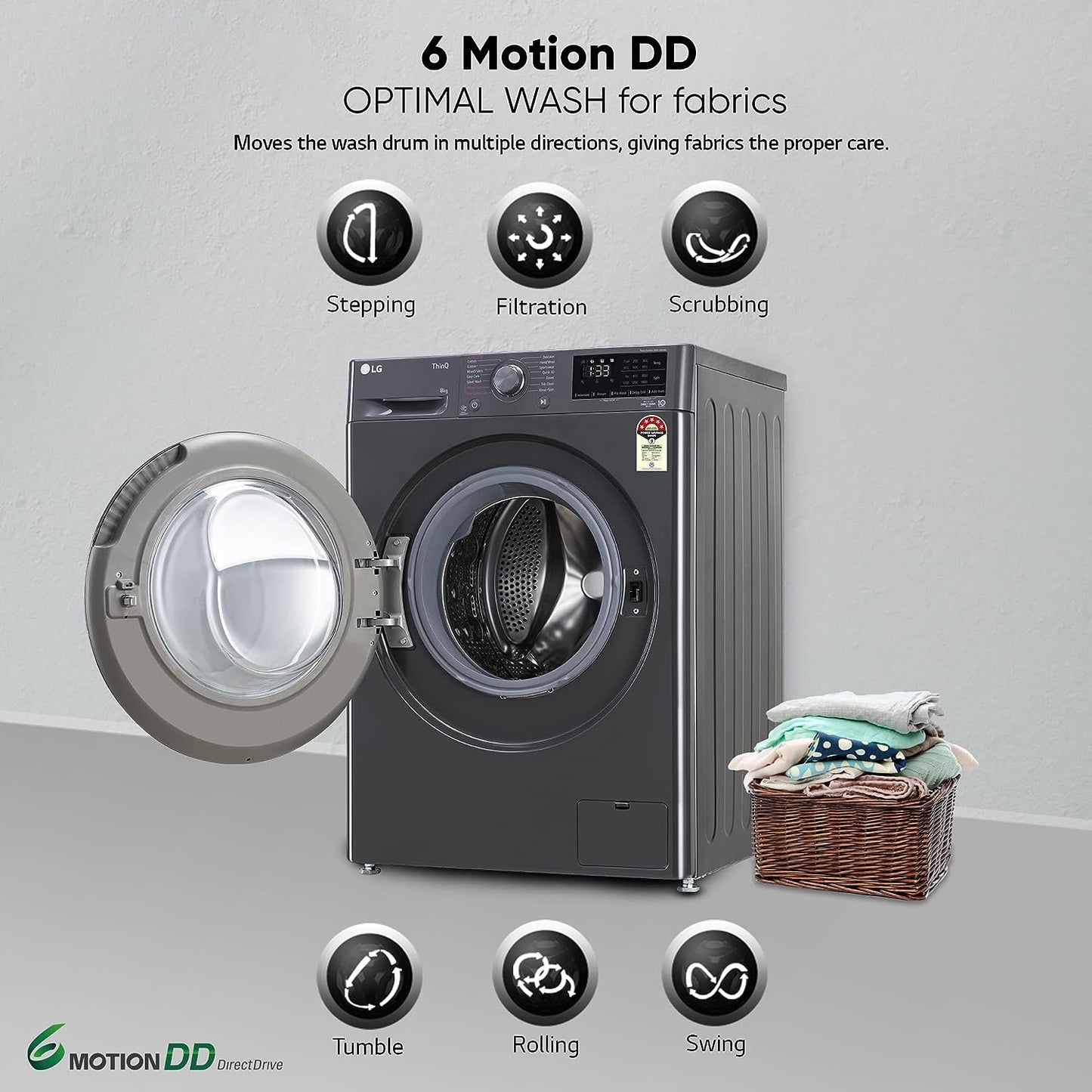 LG 8 Kg Front Load Washing Machine FHP1208Z5M | AI DD Technology | Steam for Hygiene | Inverter Motor | Wi-Fi Enabled | Middle Black