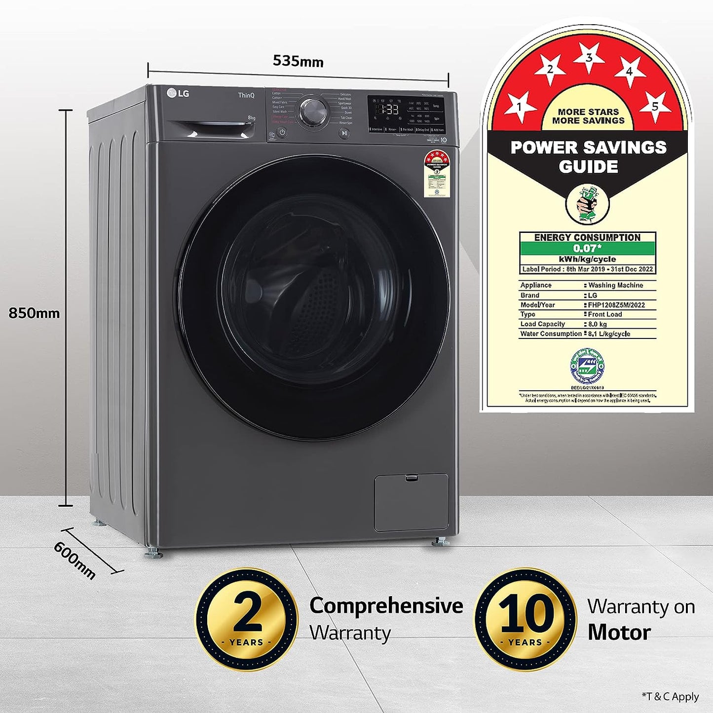 LG 8 Kg Front Load Washing Machine FHP1208Z5M | AI DD Technology | Steam for Hygiene | Inverter Motor | Wi-Fi Enabled | Middle Black
