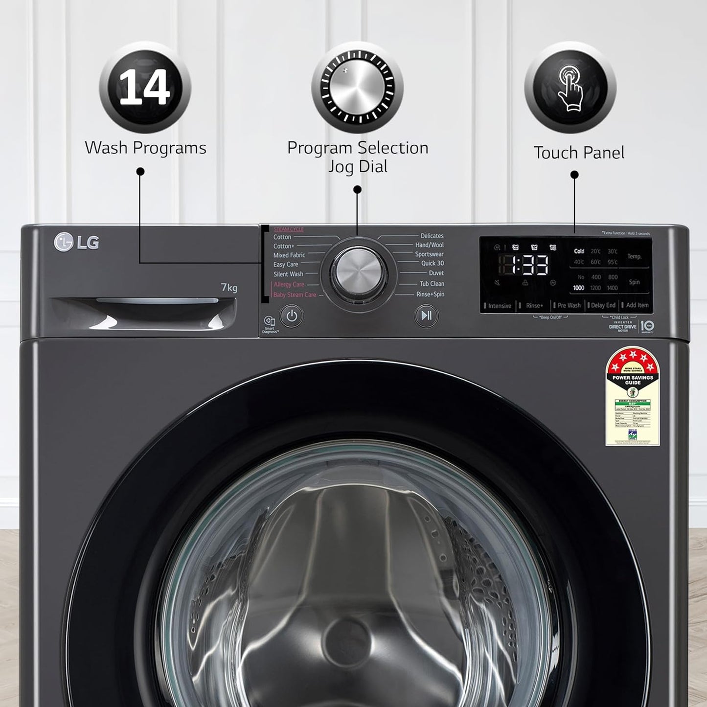 LG FHV1207Z2M 7 Kg 5 Star AI Direct Drive Fully-Automatic Front Loading Washing Machine (Middle Black, Steam for Hygiene Wash)