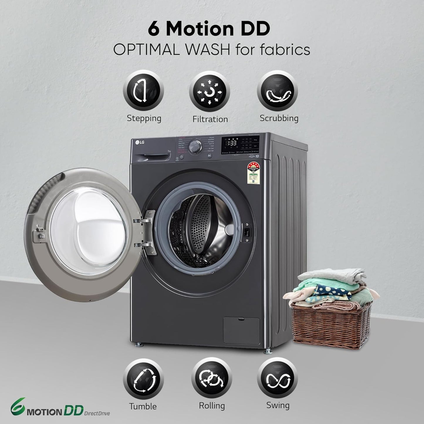 LG FHV1207Z2M 7 Kg 5 Star AI Direct Drive Fully-Automatic Front Loading Washing Machine (Middle Black, Steam for Hygiene Wash)