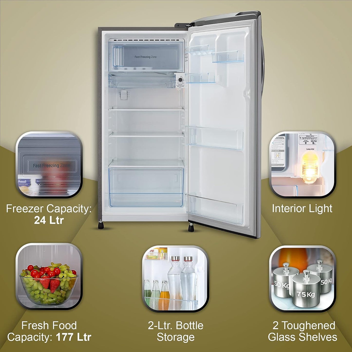 LG 201 L 3 Star Direct-Cool Single Door Refrigerator (GL-B211HPZD, Shiny Steel, Fast in Ice Making)