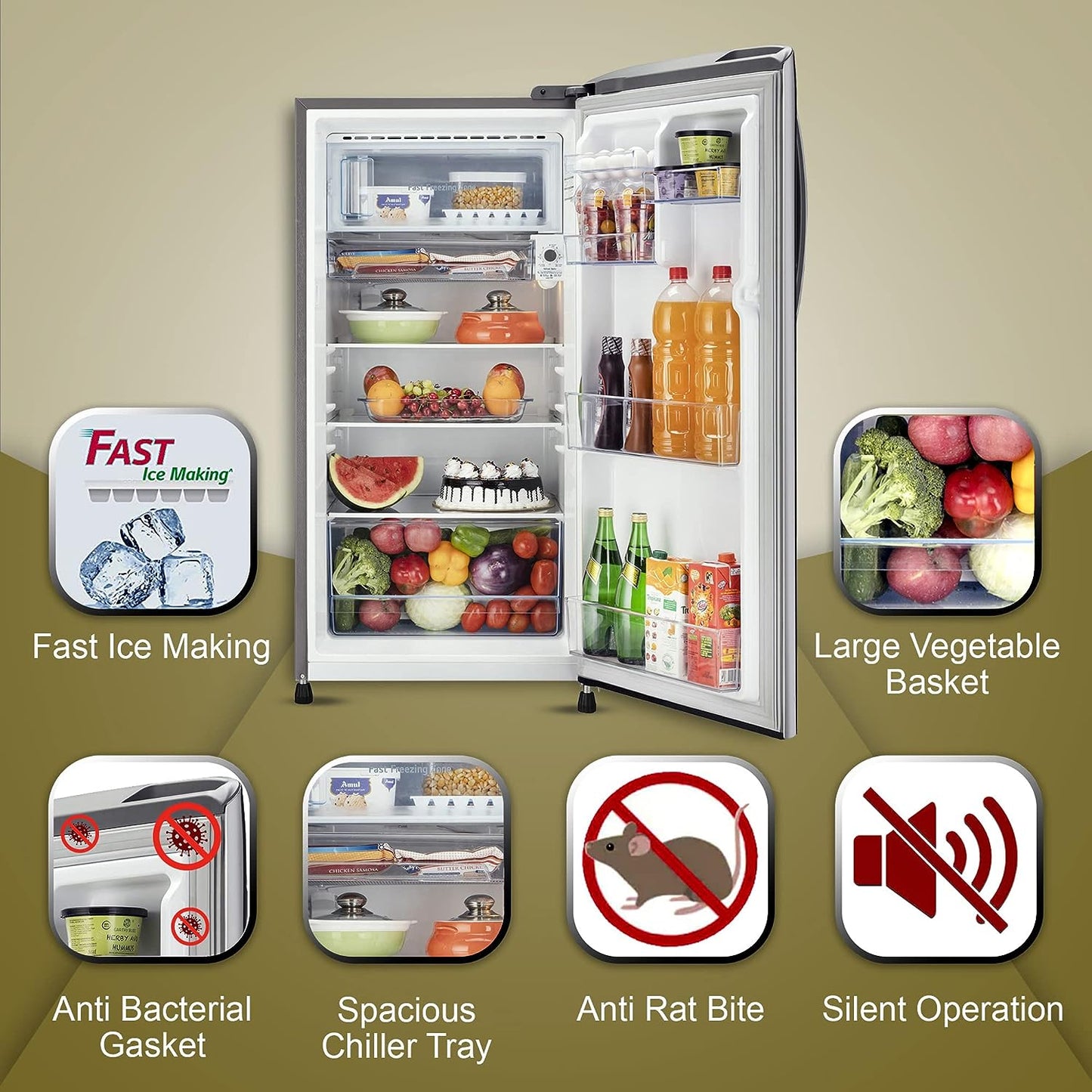 LG 201 L 3 Star Direct-Cool Single Door Refrigerator (GL-B211HPZD, Shiny Steel, Fast in Ice Making)