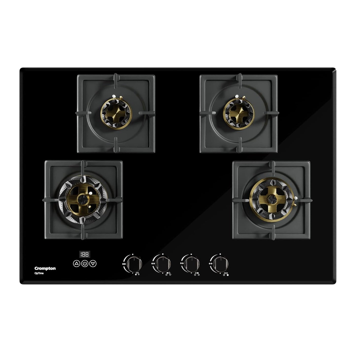 Crompton HOB-OPFB784TI-MBL 78cm 4 Burner Gas Hob – Optime Series with Digital Timer, 3D Flame, Brass Burners, Black