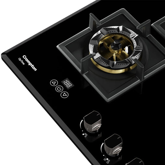 Crompton HOB-OPFB784TI-MBL 78cm 4 Burner Gas Hob – Optime Series with Digital Timer, 3D Flame, Brass Burners, Black