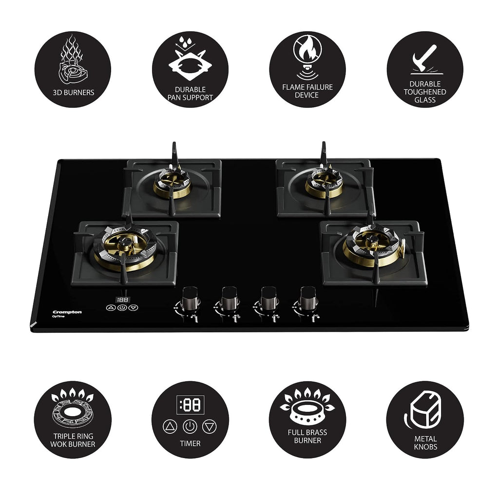 Crompton HOB-OPFB784TI-MBL 78cm 4 Burner Gas Hob – Optime Series with Digital Timer, 3D Flame, Brass Burners, Black