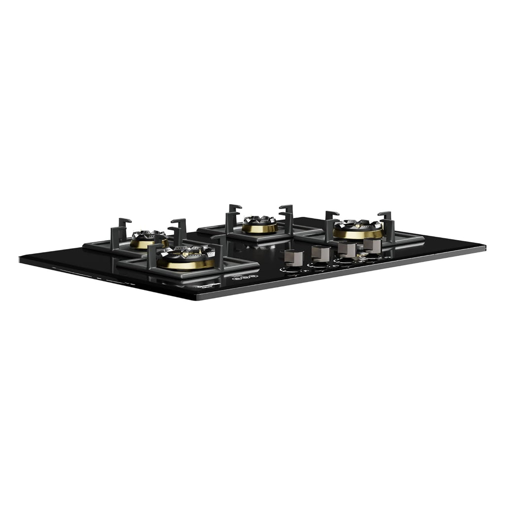 Crompton HOB-OPFB784TI-MBL 78cm 4 Burner Gas Hob – Optime Series with Digital Timer, 3D Flame, Brass Burners, Black