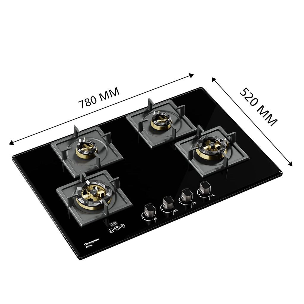 Crompton HOB-OPFB784TI-MBL 78cm 4 Burner Gas Hob – Optime Series with Digital Timer, 3D Flame, Brass Burners, Black