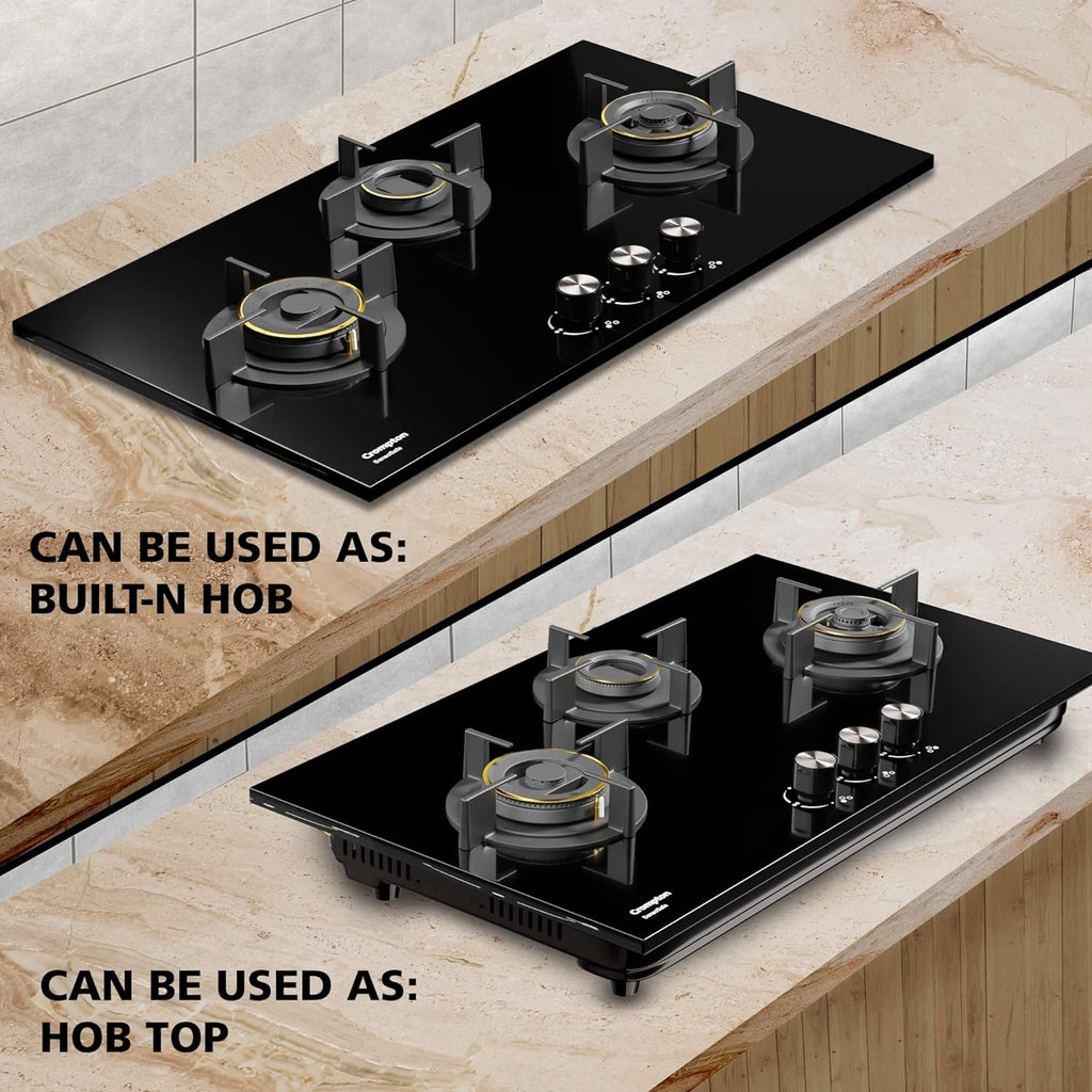 Crompton HOB-SSHB783-MBL Built-In Gas Hob SensoSafe Half Brass 78cm 3 Burners Midnight Black
