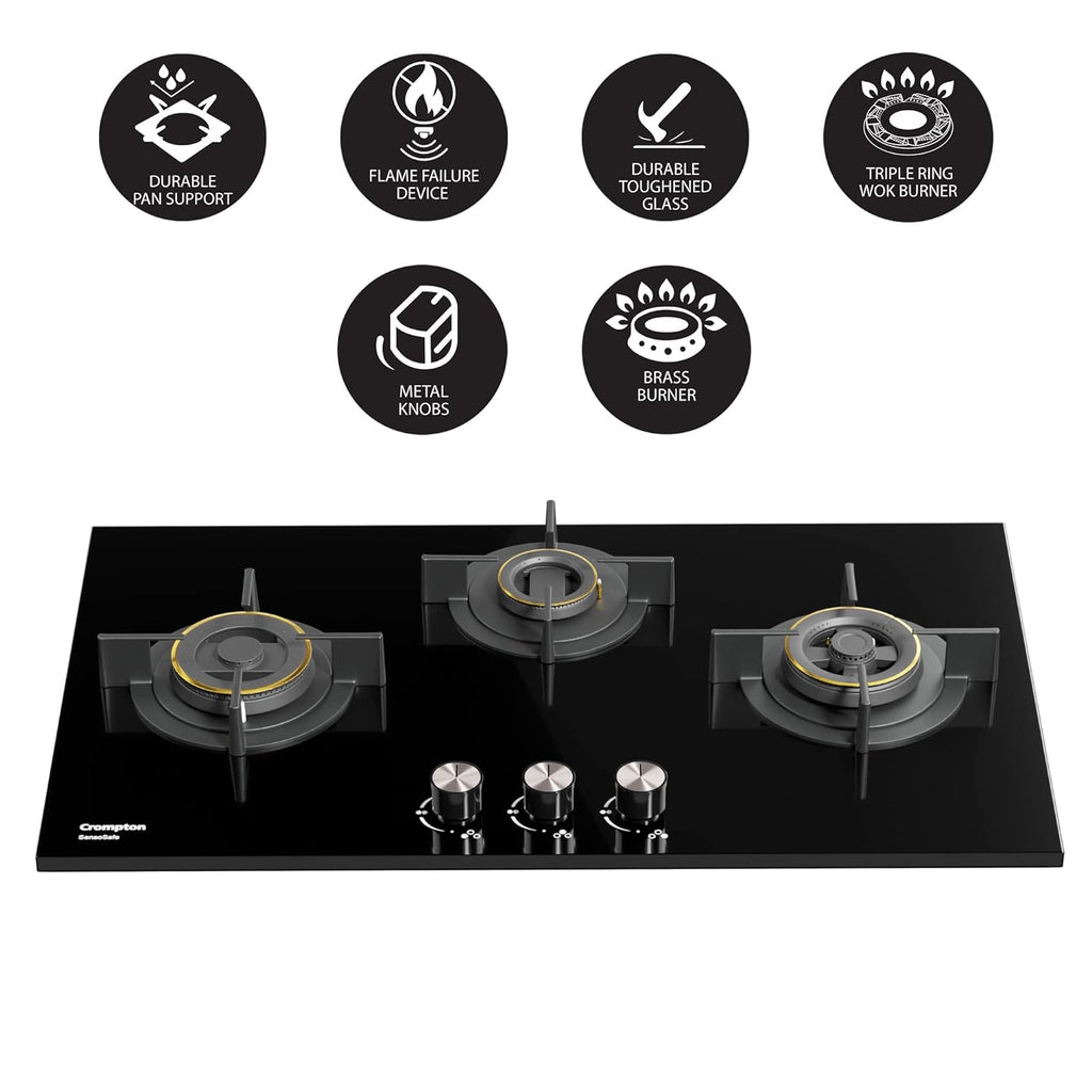 Crompton HOB-SSHB783-MBL Built-In Gas Hob SensoSafe Half Brass 78cm 3 Burners Midnight Black