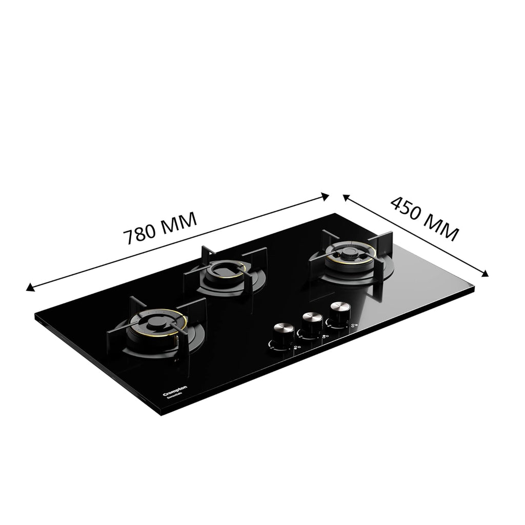 Crompton HOB-SSHB783-MBL Built-In Gas Hob SensoSafe Half Brass 78cm 3 Burners Midnight Black
