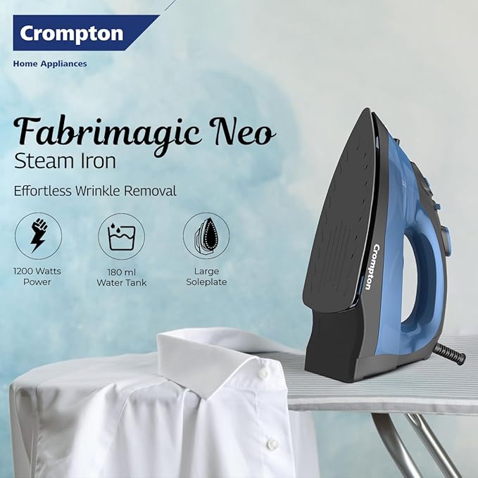 Crompton Fabrimagic Neo 1200 W Steam Iron with 180 ml water tank, Upto 15g /min Steam Output with Vertical Steaming and Non-Stick Soleplate (Blue), 6 Fabric Settings