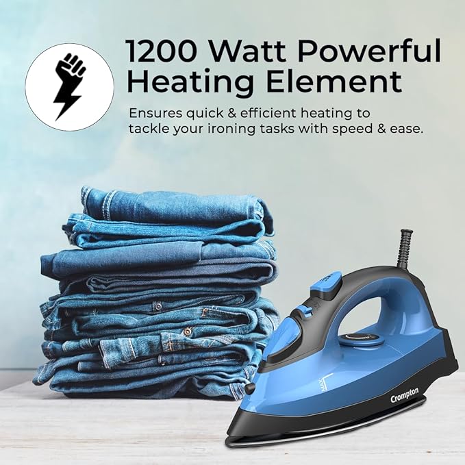 Crompton Fabrimagic Neo 1200 W Steam Iron with 180 ml water tank, Upto 15g /min Steam Output with Vertical Steaming and Non-Stick Soleplate (Blue), 6 Fabric Settings