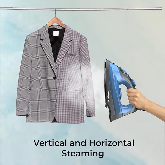 Crompton Fabrimagic Neo 1200 W Steam Iron with 180 ml water tank, Upto 15g /min Steam Output with Vertical Steaming and Non-Stick Soleplate (Blue), 6 Fabric Settings