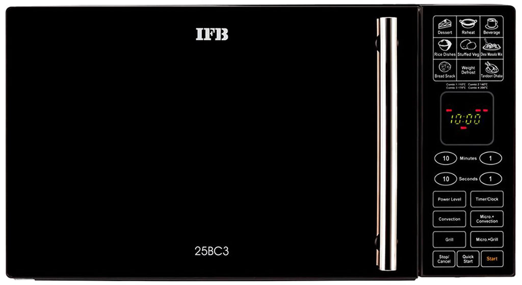 IFB 25BC3 25 Litre Convection Microwave Oven | 50 Auto Cook Menus | Stainless Steel Cavity | Multi-Stage Cooking | Child Safety Lock | Black