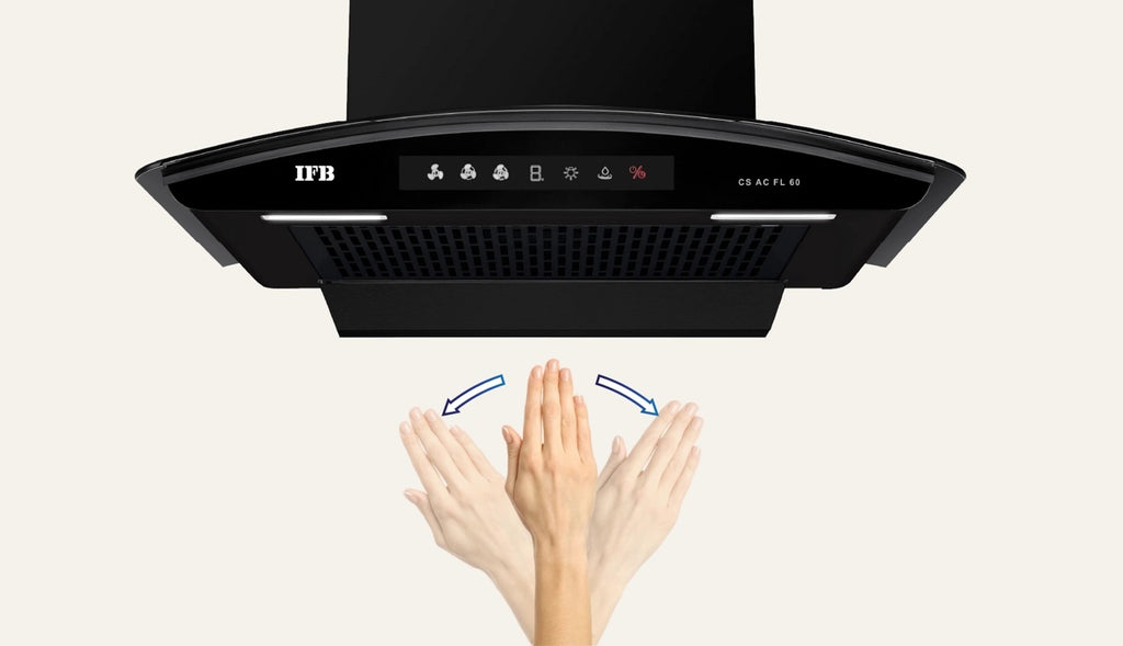 IFB CS AC FL 60  60cm Wall Mount Chimney| Filterless| Auto Clean | Hand Sensor + Feather Touch Controls | Decorative Black Glass Finish.