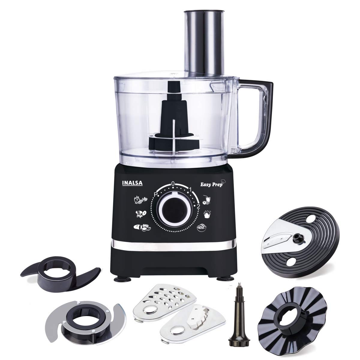 Inalsa Easy Prep 800W Food Processor with 1.4L Bowl, Atta Kneader, Chopper, Whisker & 7 Accessories – Black