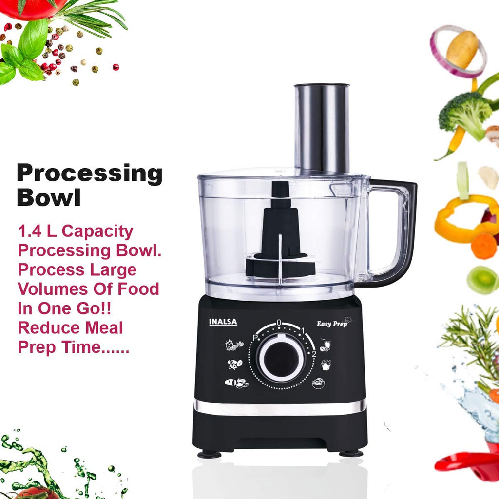 Inalsa Easy Prep 800W Food Processor with 1.4L Bowl, Atta Kneader, Chopper, Whisker & 7 Accessories – Black