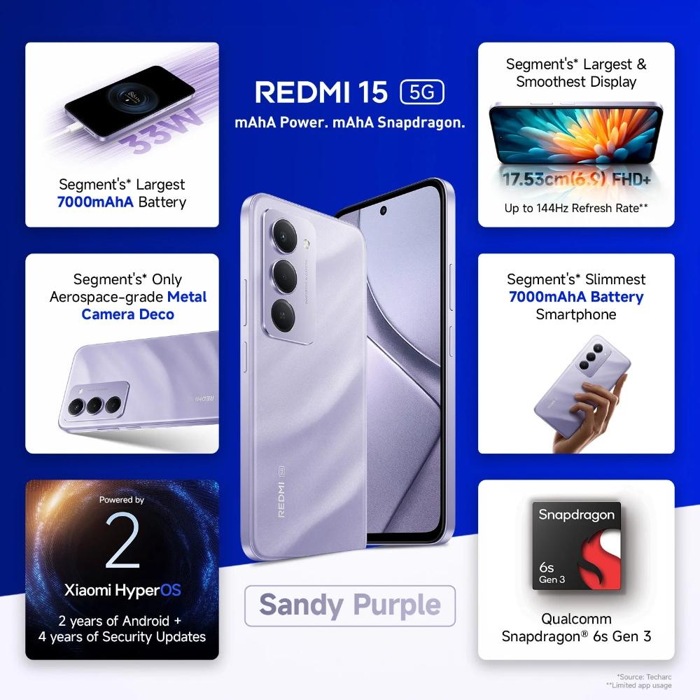 Redmi 15 5G 256 GB, 8 GB RAM, Sandy Purple, Mobile Phone