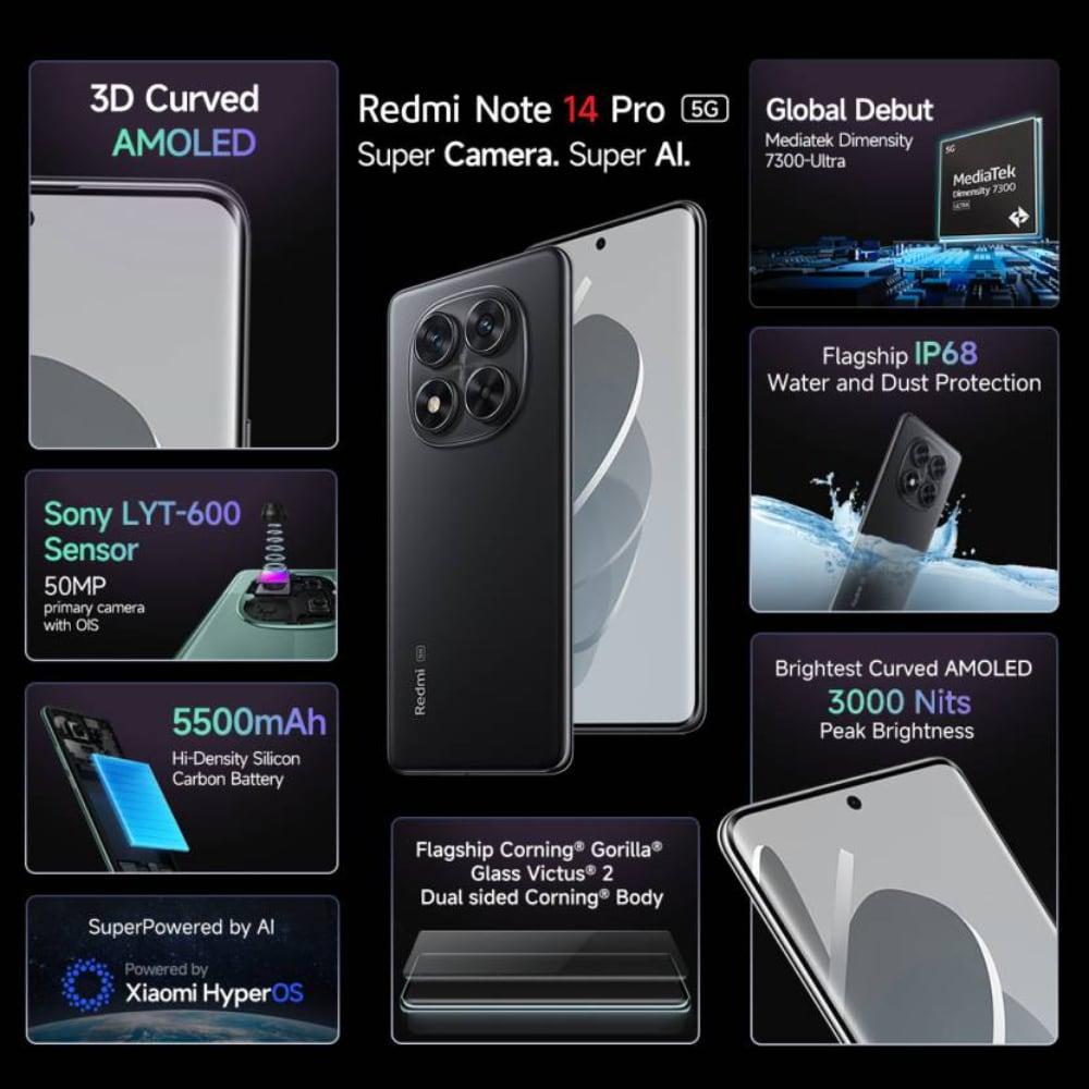 Redmi Note 14 Pro 5G 128 GB, 8 GB RAM, Black, Mobile Phone