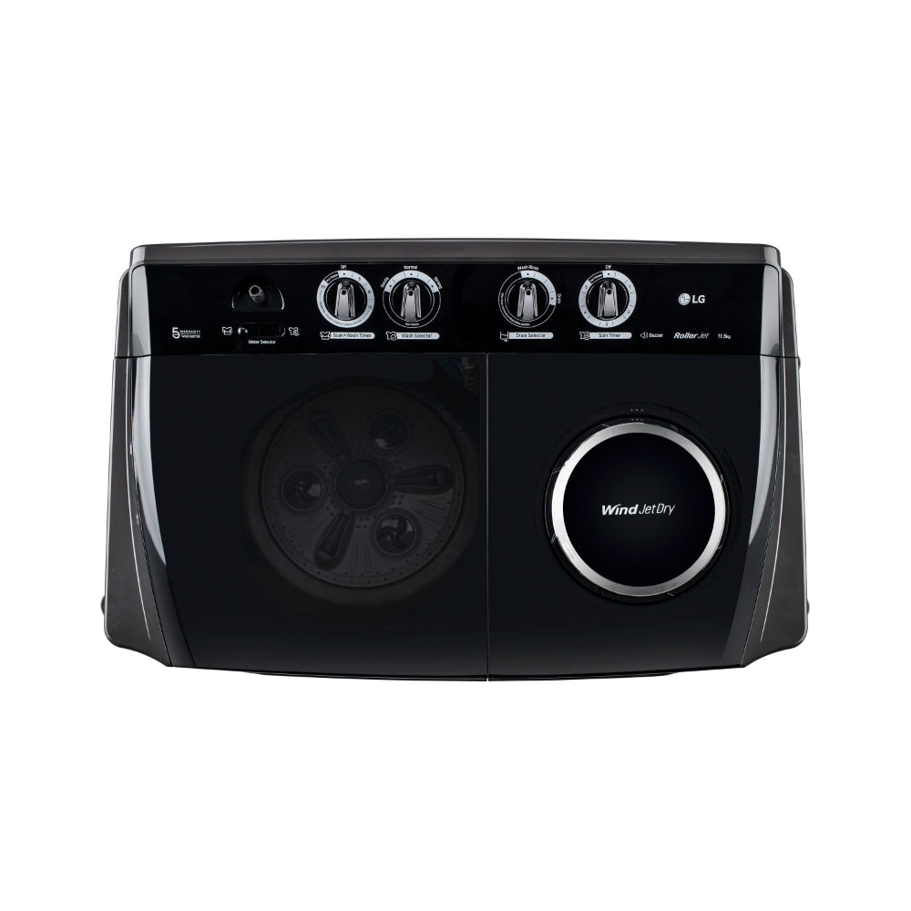 LG P115ASLAZ 11.5 kg Semi Automatic Top Load Washing Machine, Roller Jet Pulsator + Soak, Black